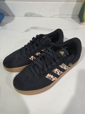 Adidas Black Sneakers with Leopard Stripe Accent